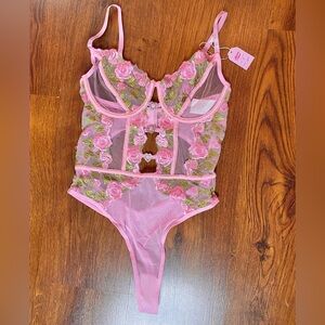 🎀🌷 Ethereal Pink Floral Embroidery Sheer Lace Sexy Lingerie Bra Bodysuit 🌷🎀 NWT